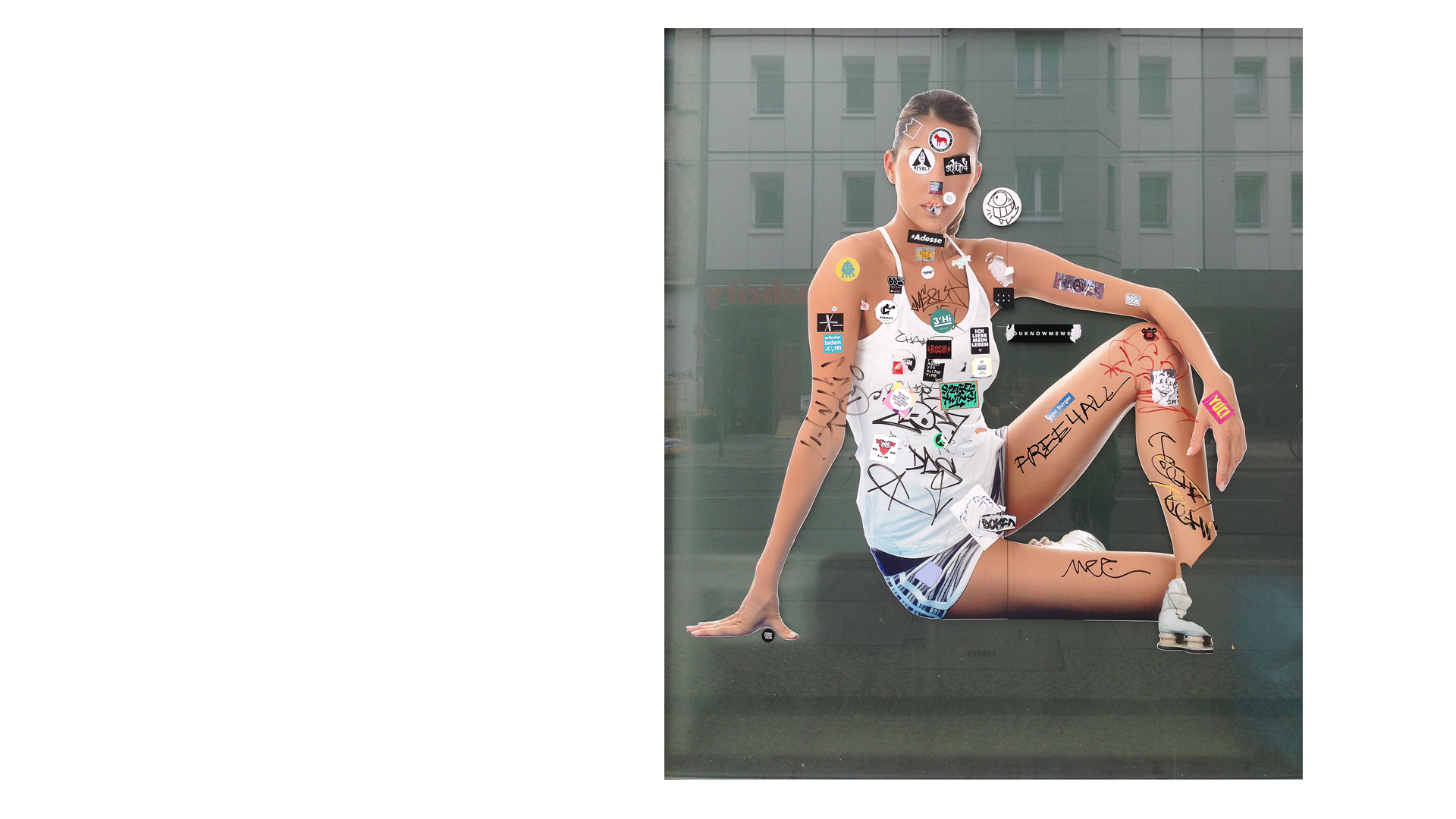 Prompts: woman, sport, branding, posing on floor, tags, sticker